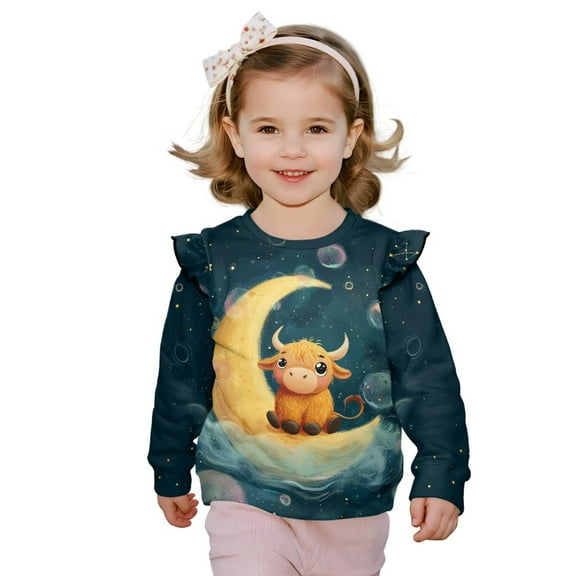 Xixirimido Highland Cattle Moon Galaxy Print Toddler Girls Cozy Sweatshirt Long Sleeve Ruffle Accent Pullover Top Crewneck Graphic Sweater for Autumn & Winter, for 4-5T