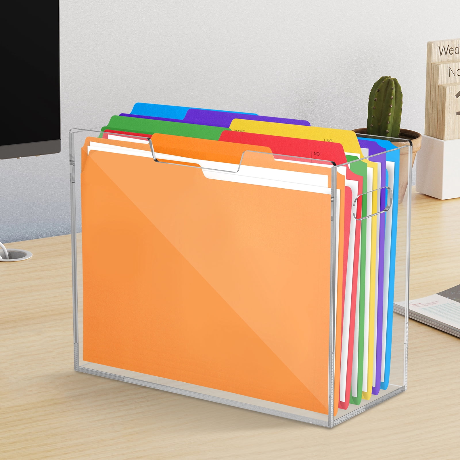 Grusce Acrylic File Folder Organizer, Clear Hanging File Organizer Box for Letter Size, Desktop File Holder with Handles, Slim Filing Storage Box for Desk Office Home Work