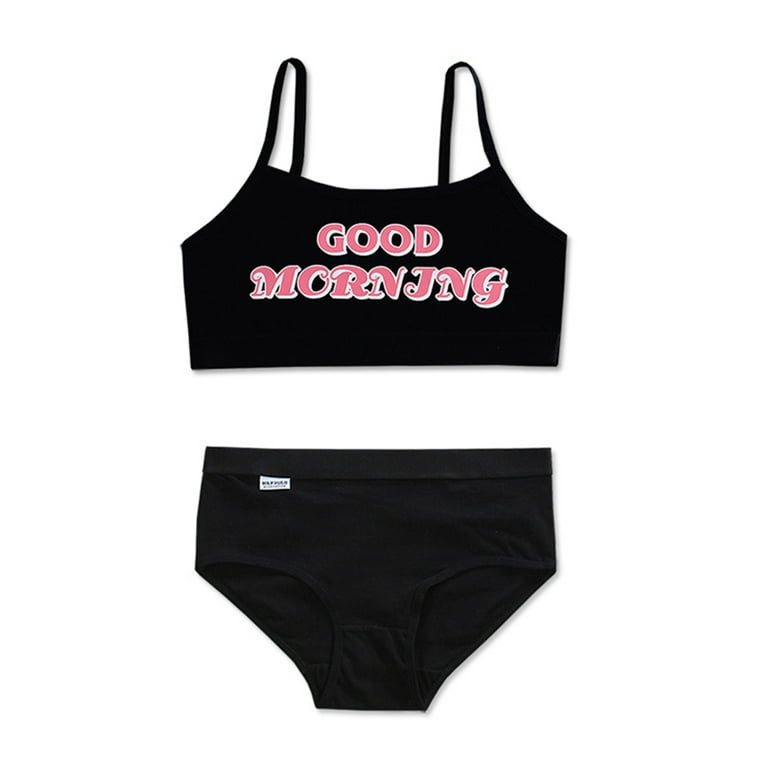 CHAOMA Teen Young Girls Sports Underwear Set Cute Good Morning Letters  Print No Padded Cami Training Bra and Hipster Panties