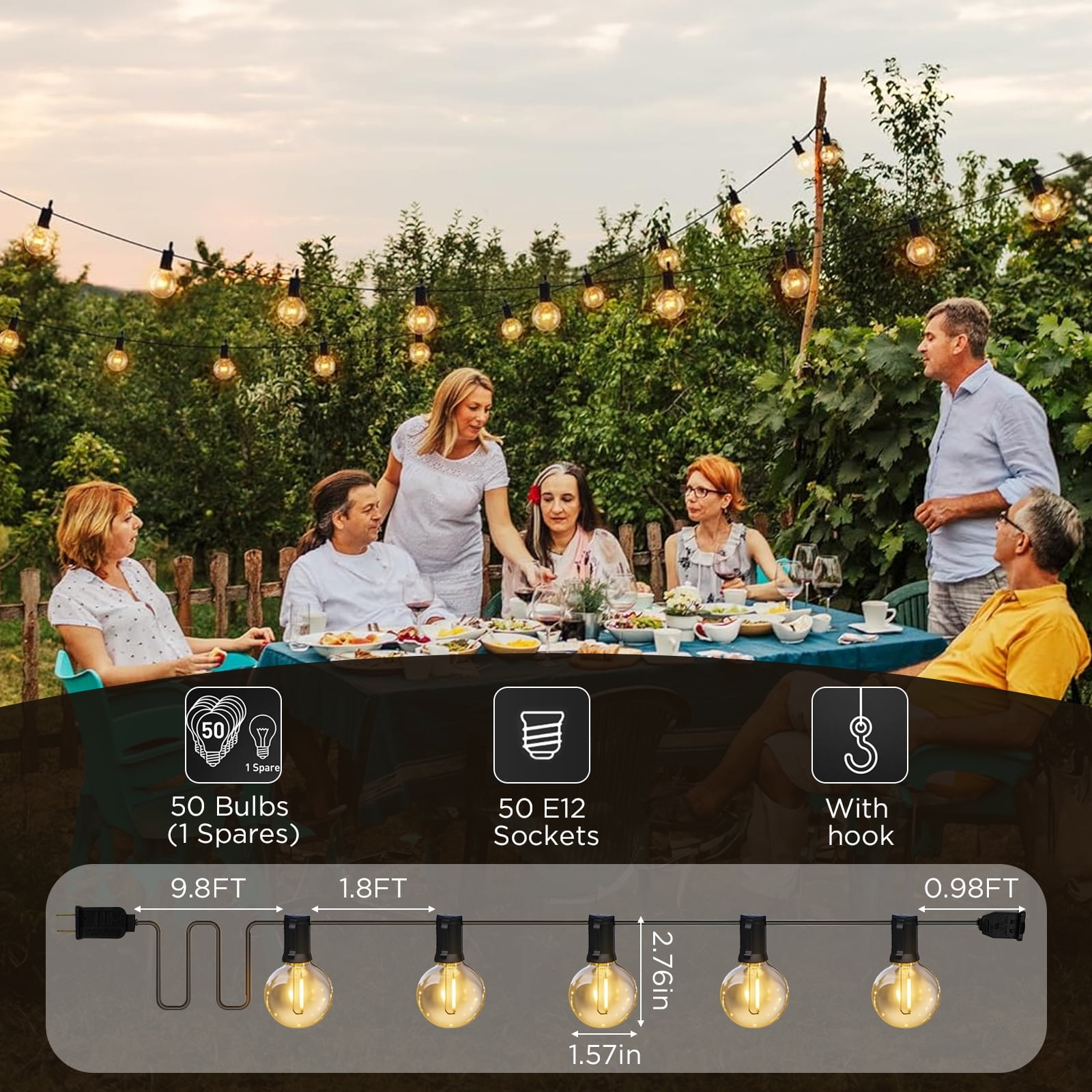 Outdoor String Lights, 100 ft with 50 G40 LED Bulbs Waterproof for Patio Garden Backyard Yard Decorations
