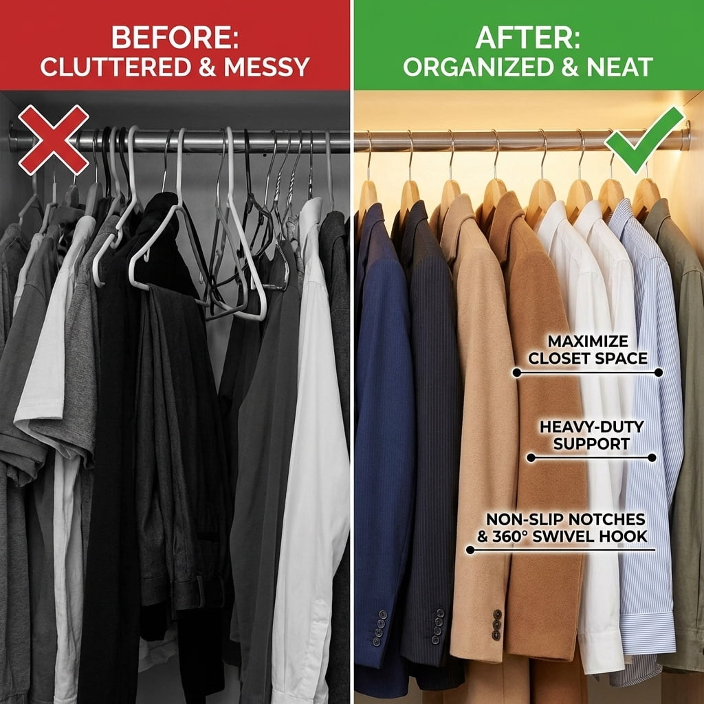 Durable Essentials Plastic Hangers – Pack of 20 Slim, Heavy-Duty, Wood-Like Design with Non-Slip Surface, 360° Rotating Rust-Resistant Hook for Space-Saving