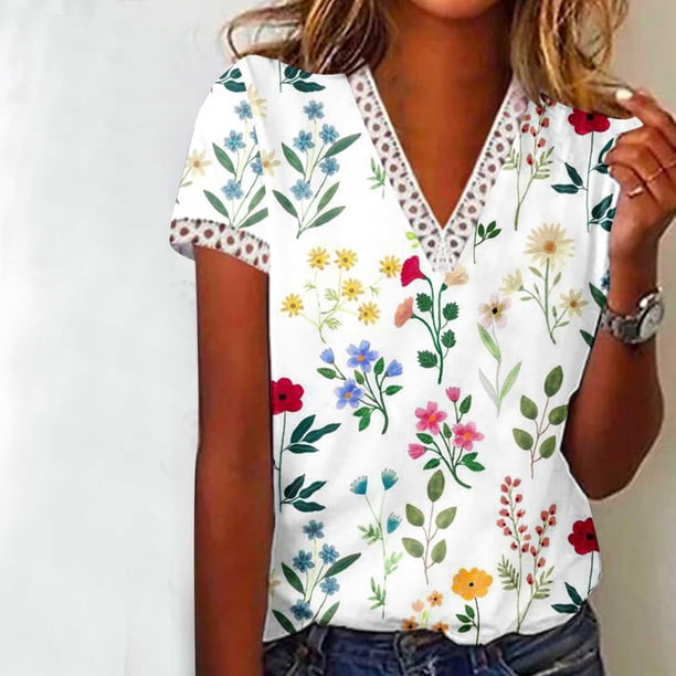 Fiudx Ofertas y Liquidaciones Blusa Informal de Manga Corta con Cuello En V y Estampado de Moda para Mujer