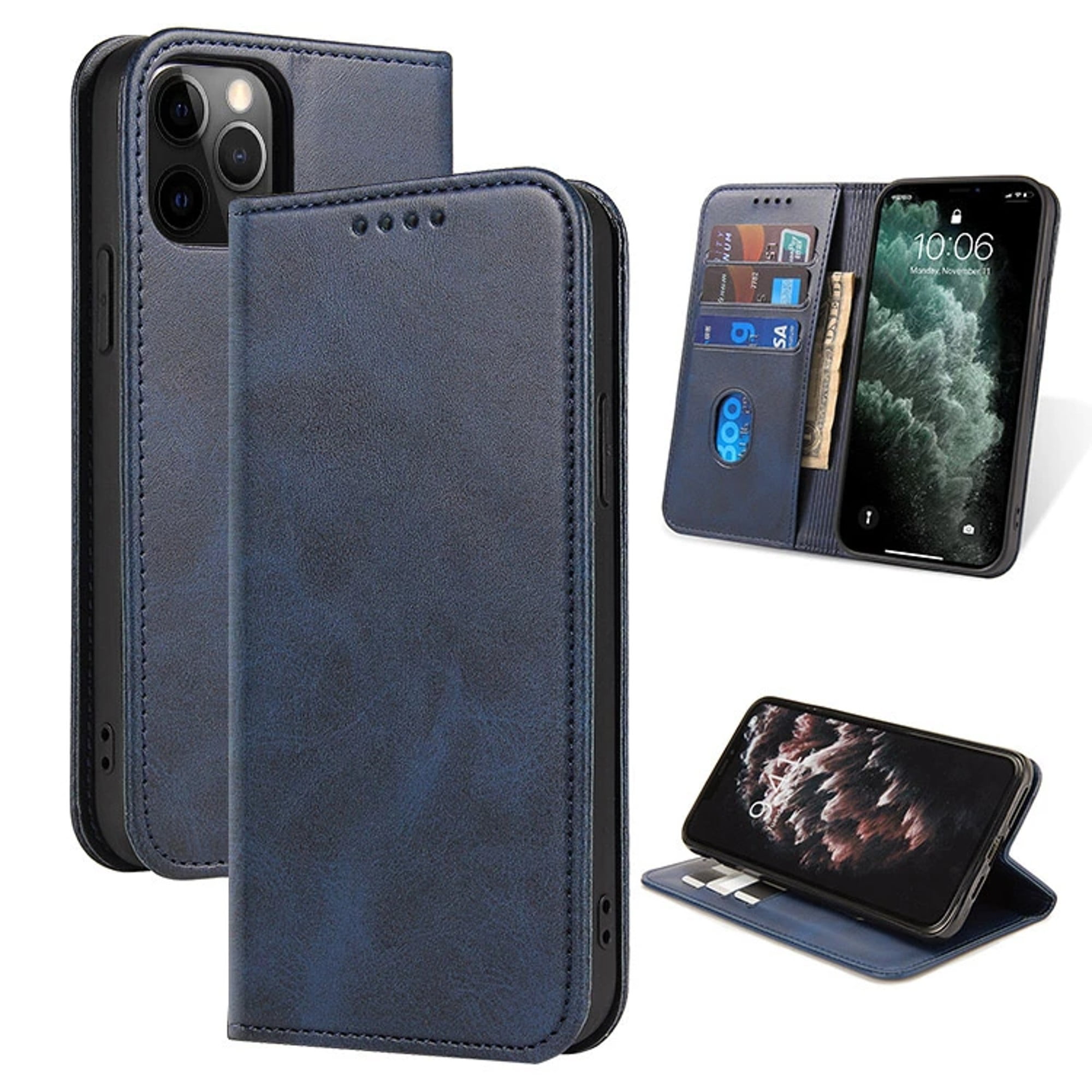 Leather Wallet iPhone 14 Case (Blue) Magnetic Folio Card Slot Holder ...