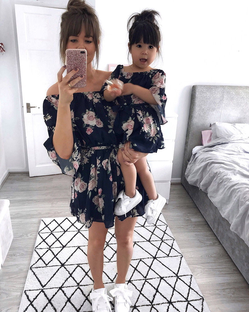 Mother and Daughter Matching Spaghatti Strap Dress Women Kids Girls Family Dress 