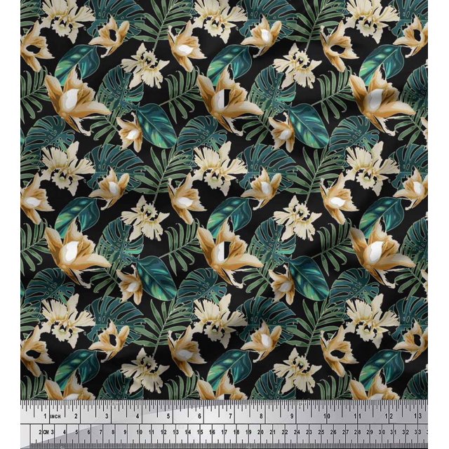 Soimoi Polyester Crepe Fabric Monstera Leaf & Floral Print Fabric by Yard 42 Inch Wide