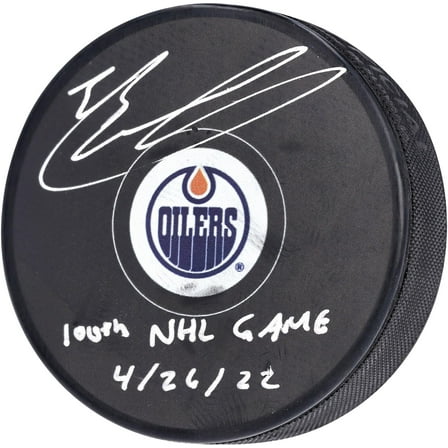 Evan Bouchard Edmonton Oilers Autographed Hockey Puck with "100th NHL Game 4/26/22" Inscription - Fanatics Authentic Certified