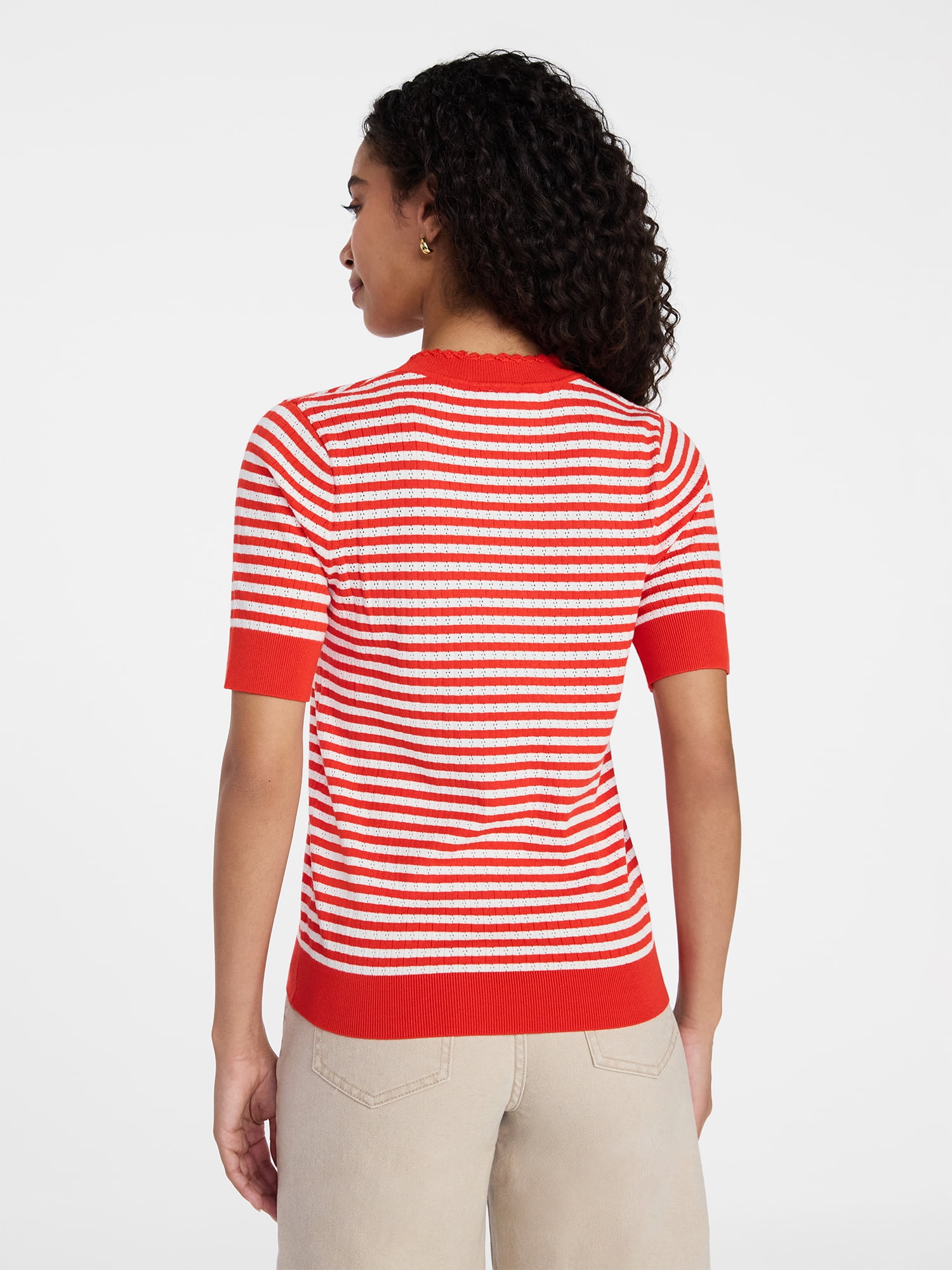 Time and Tru Women's Striped Pointelle Sweater with Short Sleeves, Lightweight, Sizes XS – XXXL
