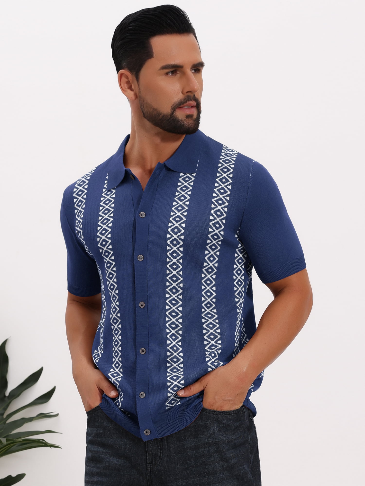 DARING DIVA Men's Jacquard Short Sleeve Button Down Knitted Golf Polo Shirts L Navy Blue
