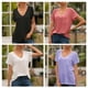 thumbnail image 3 of Camiseta con cuello en V Blusa de verano Color sólido Manga corta Mujer suelta Top, L, Azul Vogacara AP001219-15, 3 of 7