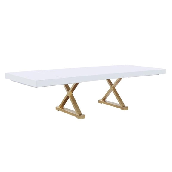 Tyrion Rectangle Extendable Modern White Wood Dining Table in Brushed Gold