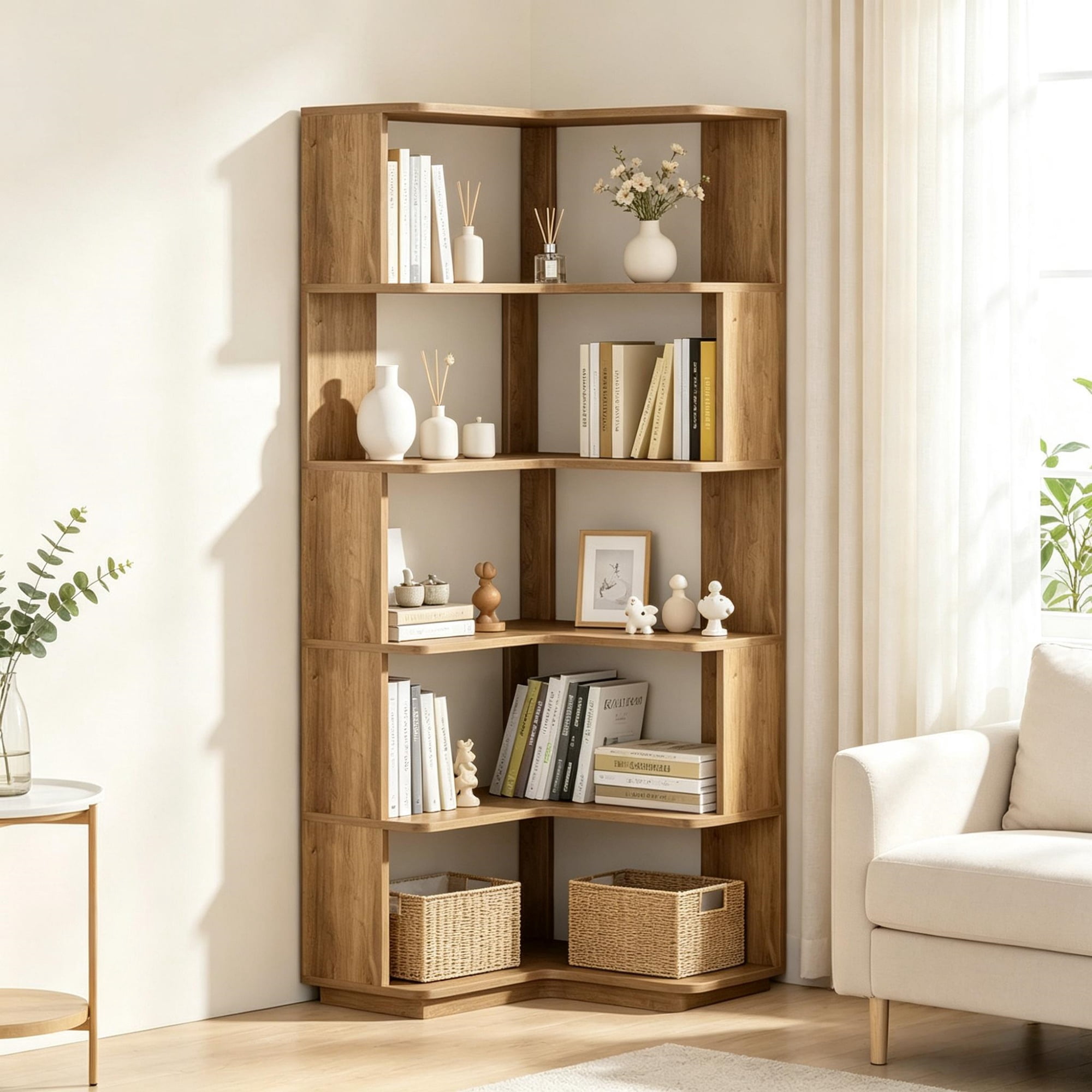 65 Inch L Shaped Corner Bookshelf with 6 Tier Display Shelves and Anti Drop Panel