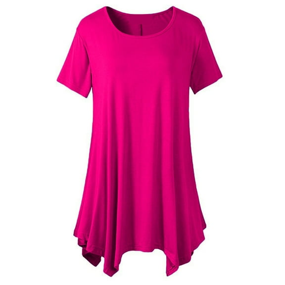 JINMGG Womens Tops under $5 Women's Fashion Casual Summer Solid Color Short Sleeve Round Neck Top Blouse Hot Pink XL