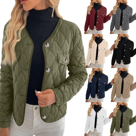 Nfurl Lightweight Puffer Jacket Womens Trendy Button Down Open Front Cropped Quilted Puffer Jackets Fitted Women's Winter Coats Green XL