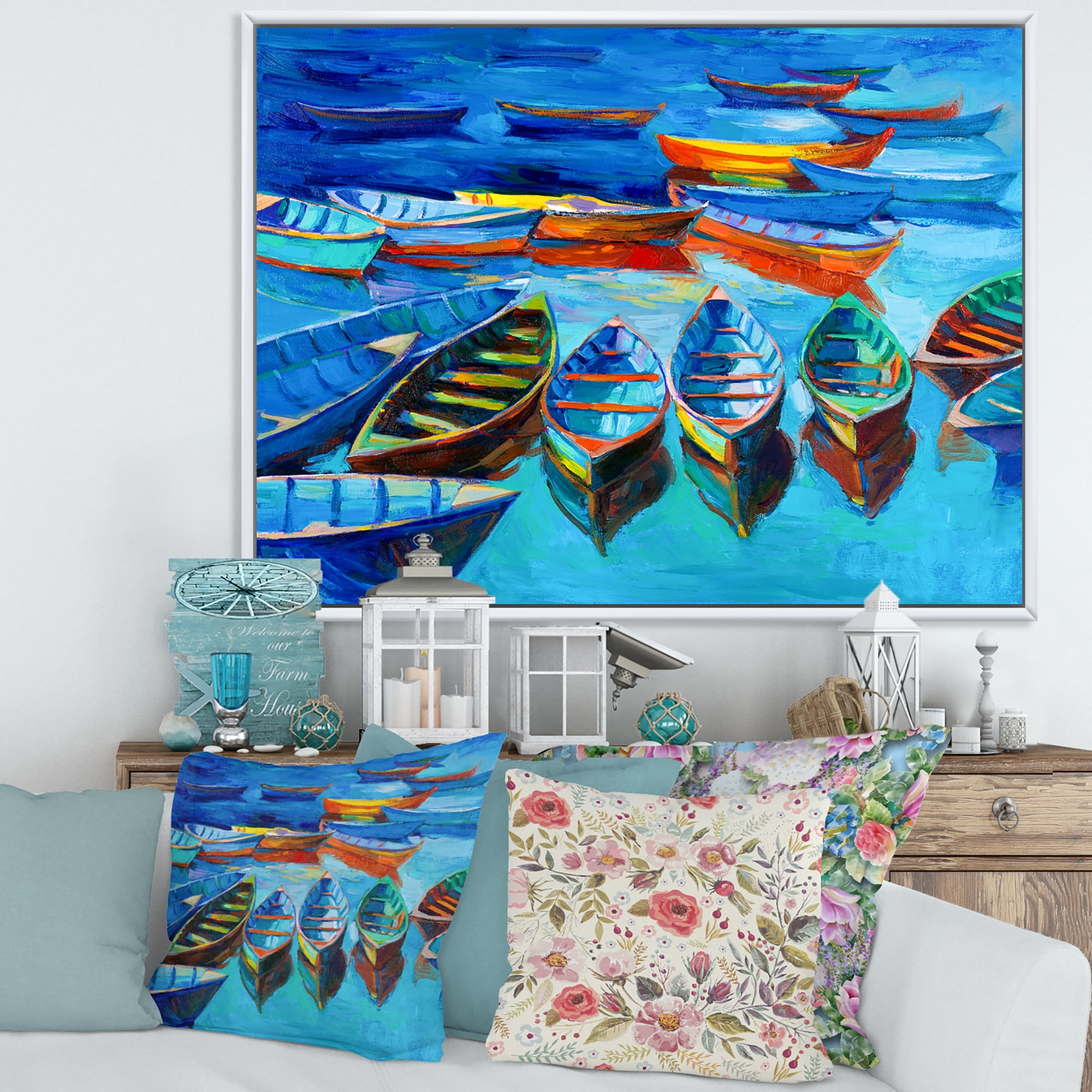 Designart 'Little Boats Wating In The Blue Harbour' Nautical & Coastal Framed Canvas Wall Art Print