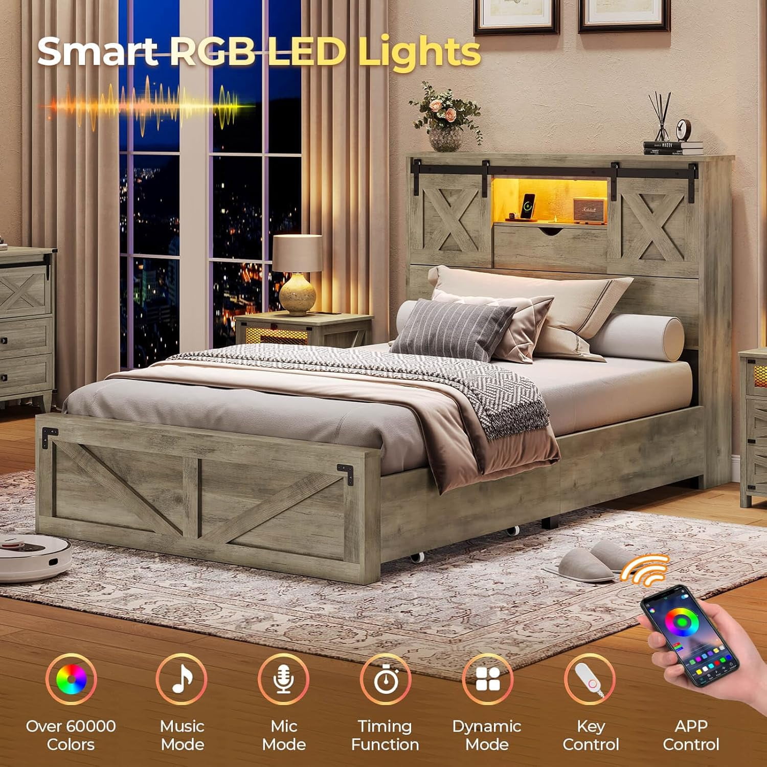 Twin Size Bed Frame with Headboard and Drawers, Farmhouse Twin Platform Bed Frame with LED Lights and Charging Station, No Box Spring Needed, Gray