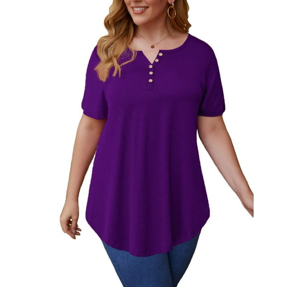 VERABENDI Women’s Plus Size Tunic Tops Summer Short Sleeved Henry Shirts Casual Floral Blouses,M-4XL