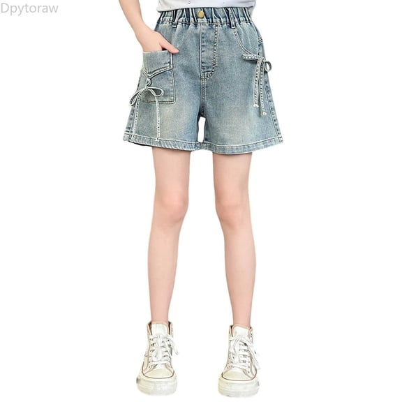 Dpytoraw Girls Denim Shorts Summer Casual Outfit Bow Tie Design Thin Comfortable Stretchable For Daily Street Wear Age 5 12 Girls Denim Jeans Size 5-6 Years