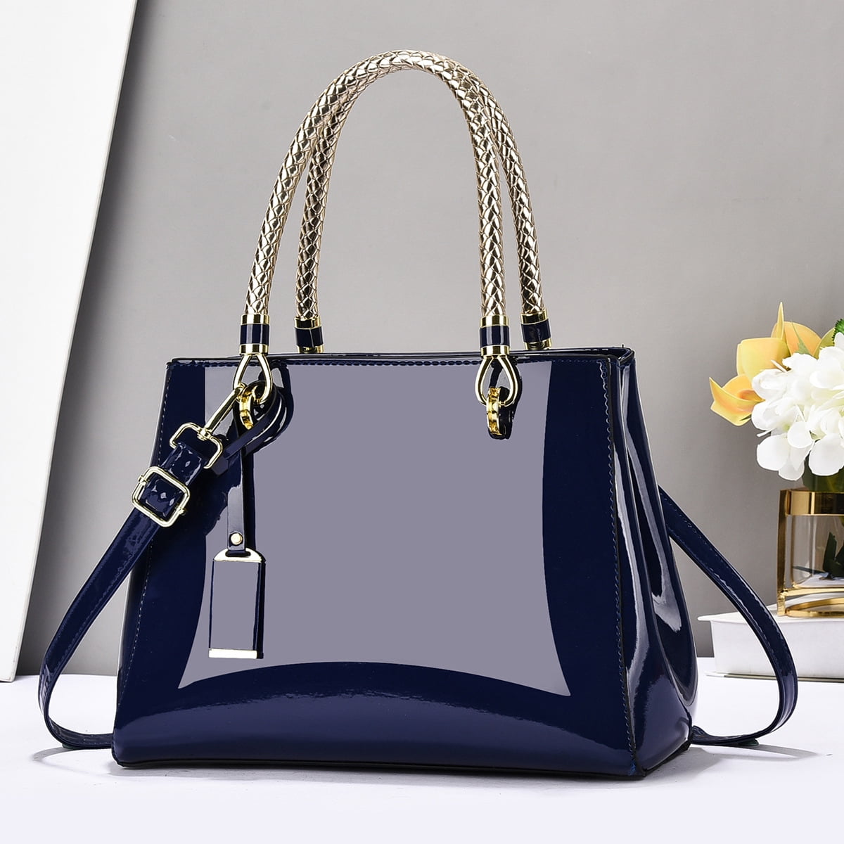 Shiny Patent Leather Crossbody for Women Push Glossy Shoulder Bag Satchel Purses Party Totes Top Handle Bags