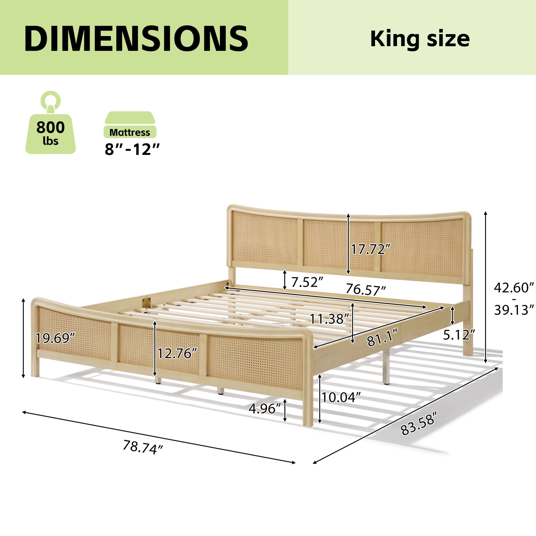 Christopher Knight Home Rattan King Bed Frame with Adjustable Headboard, Solid Wood Frame, Antique White