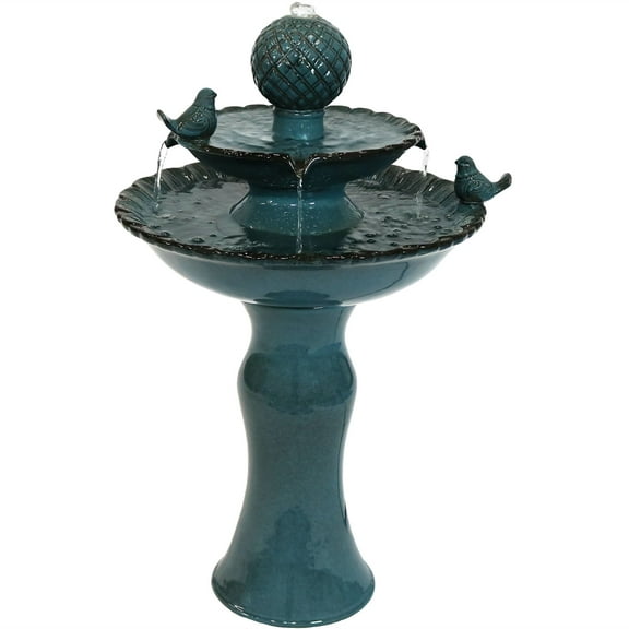 Sunnydaze Resting Birds Contemporary Blue Ceramic 2-Tiered Outdoor Water Fountain