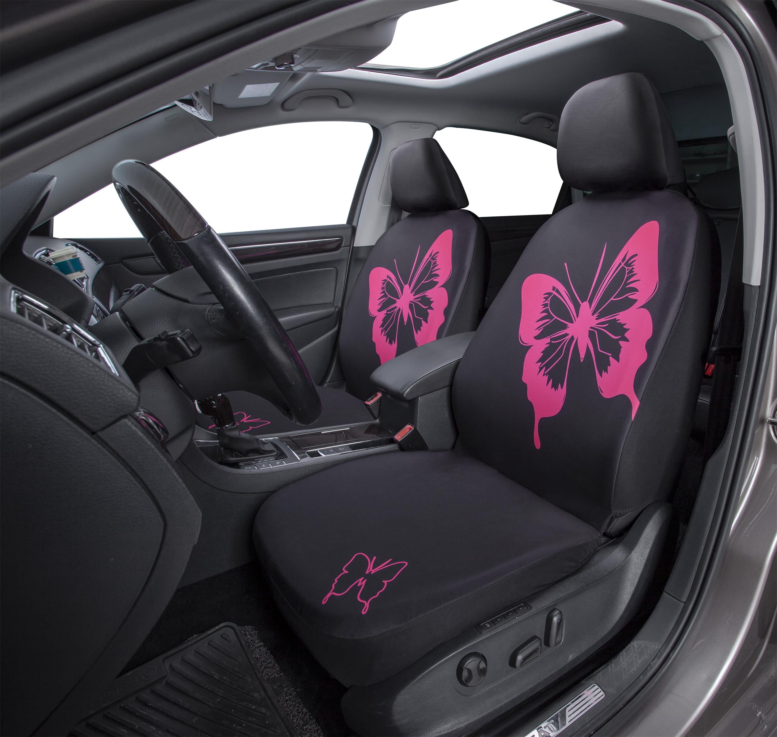 Auto Drive Full Set Seat Cover - Pink Butterfly Printed - Black Polyester -  Universal Fit - 22WMD04