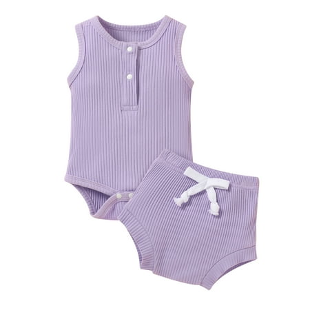 

Infant Baby Girls Boys Suit Solid Color Sleeveless Triangle Romper Tops High Waist Bowknot Shorts