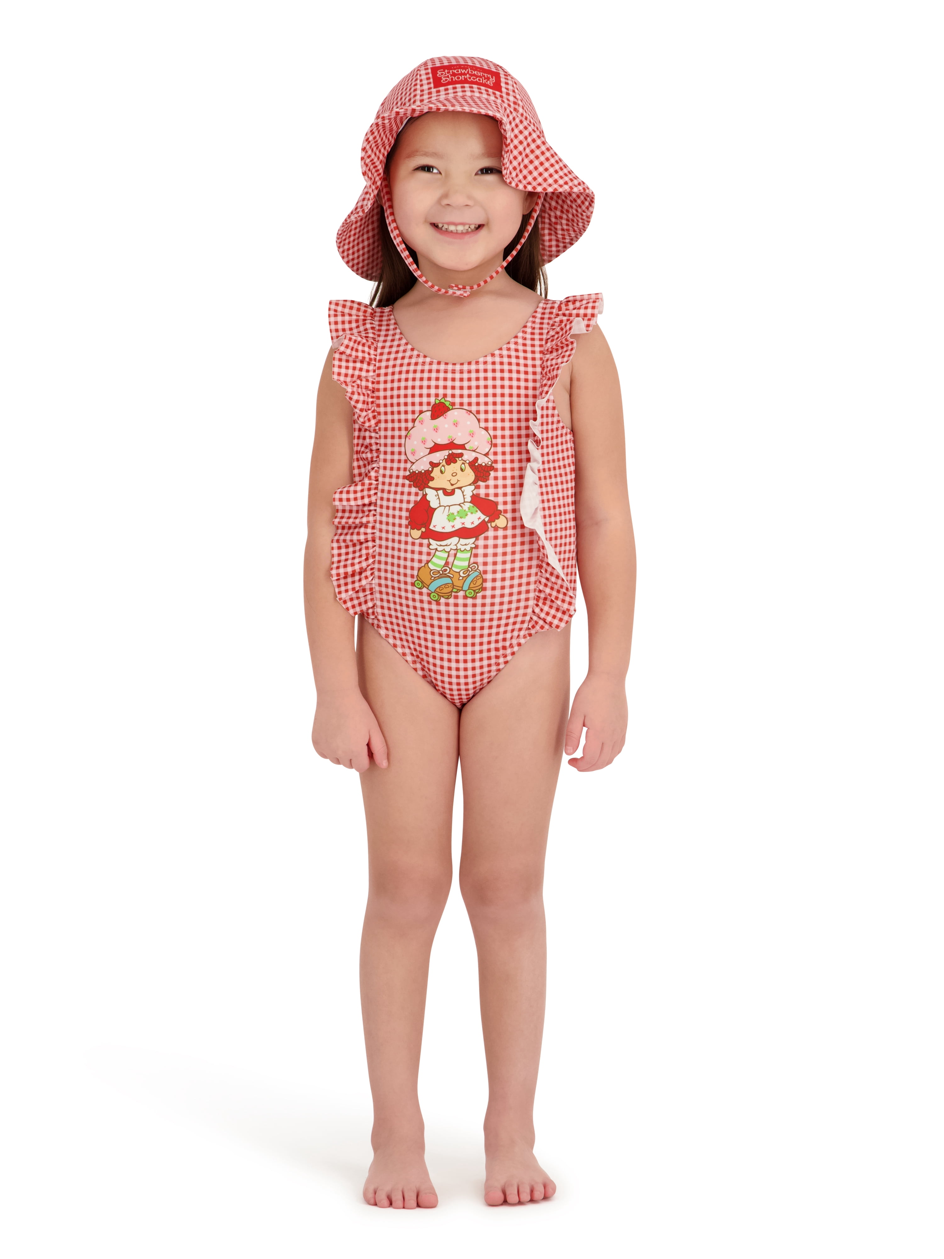 Character Toddler Girl One-Piece Swimsuit with Hat, Sizes 12M- 5T