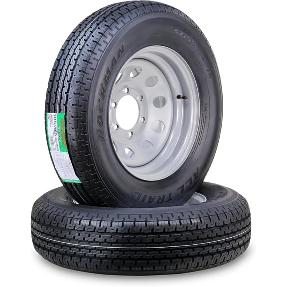 Rockman Wheel Assembly ST225/75R15 10-Ply E 117M 6 Lug on 5.5" PCD Silver Mod Rim Trailer Tire, Set of 2