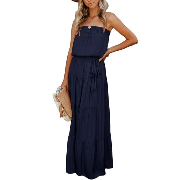 AMaVo - Maxi Dress for Women Elegant Strapless Tube Dress Summer Beach ...