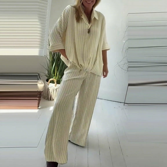 Roncen Women's Striped Loose Fit Jacket and Wide Leg Pants Two-Piece Set - Long Sleeve Lapel Suit