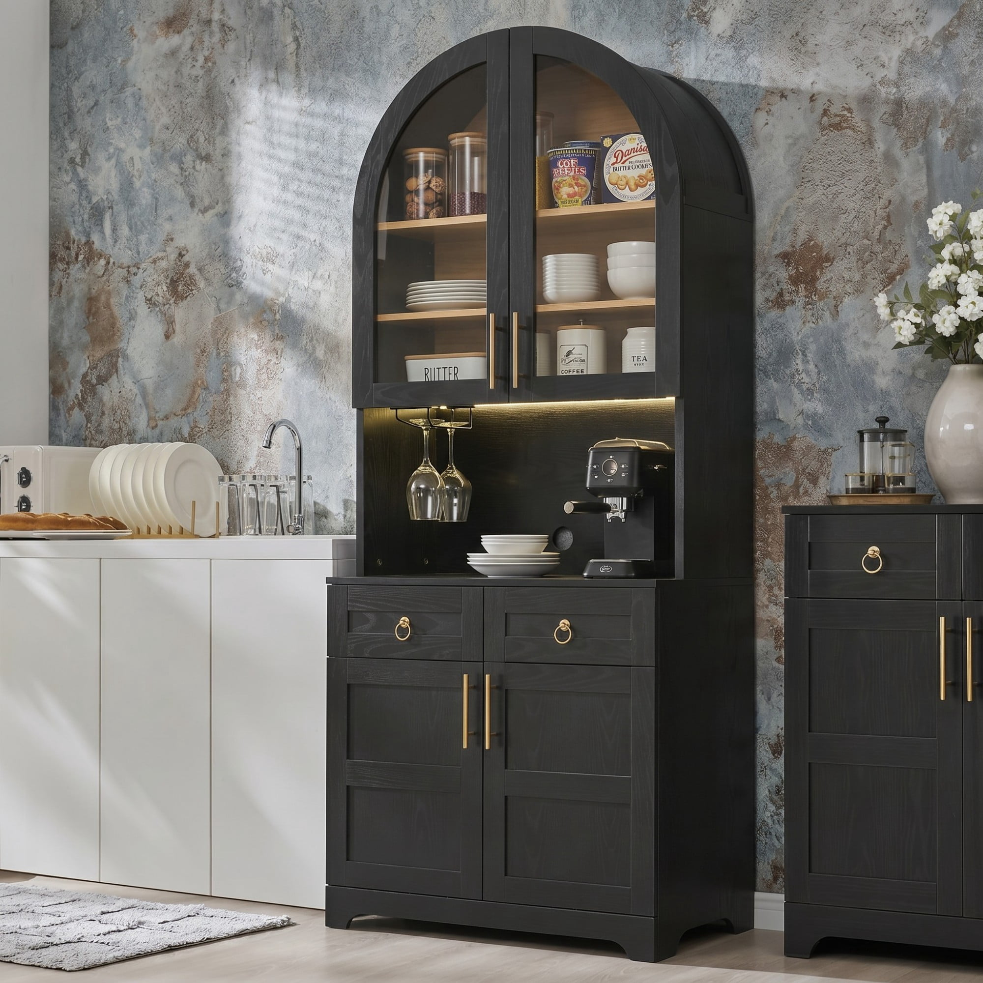 DEALTOPS Freestanding 74.8" Pantry Cabinet with Arched Top, Power Outlets and LED Light, Black