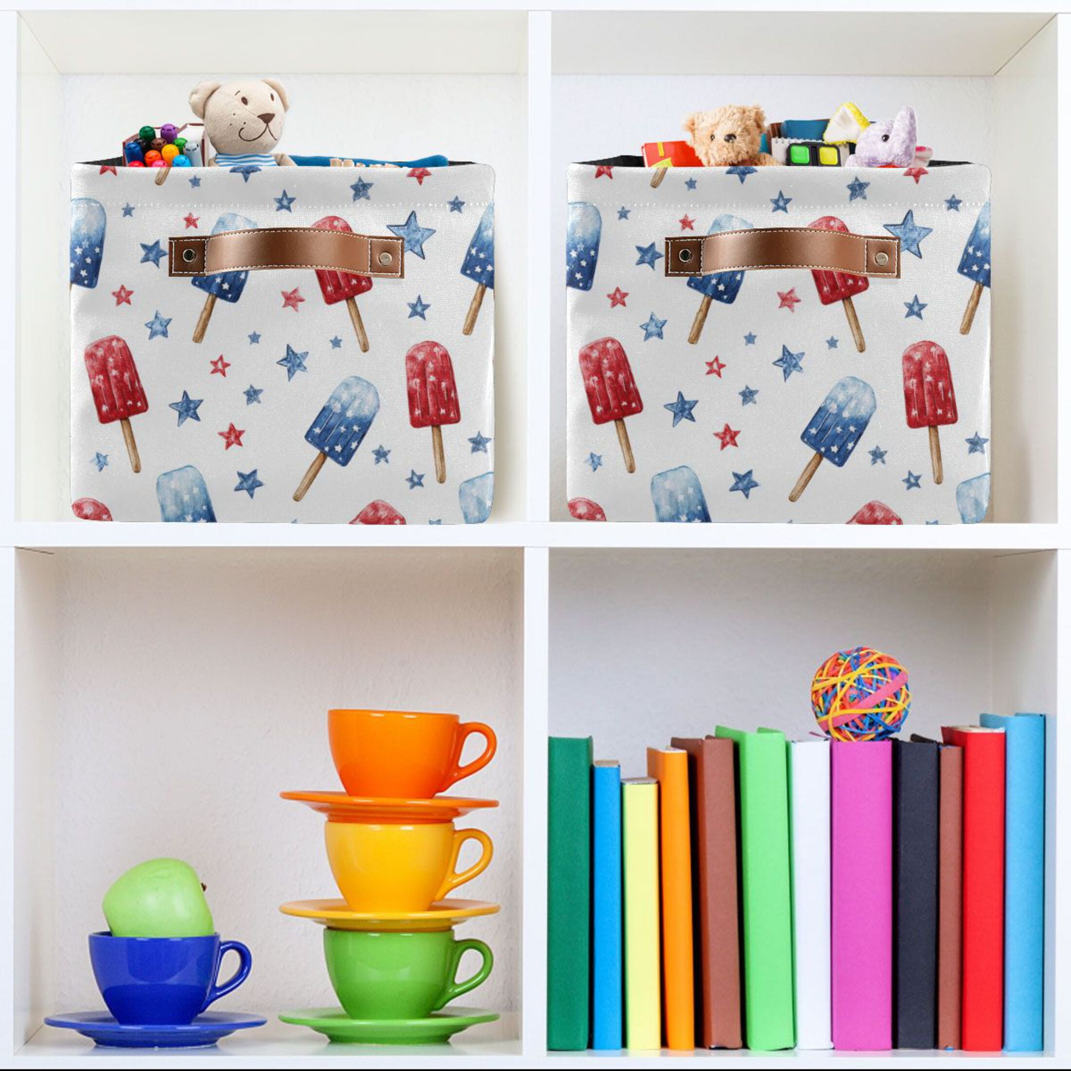 Foldable Storage Basket,Canvas Fabric Foldable Storage Bins with Handles Open Home Storage Bins Boxes for Toy Book Shelf Closet Baskets Red and Blue Popsicle