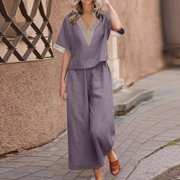 LEKWK Linen Sets for Women 2 Piece Plus Size V Neck Short Sleeve Loose Fit Tops and Wide Leg Palazzo Pants Summer Resort Vacation Casual Outfits