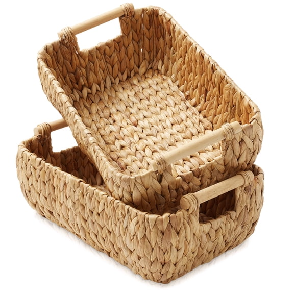 Water Hyacinth Oval Storage Baskets with Wooden Handles - Medium Woven Bin Organizers(Set of 2)