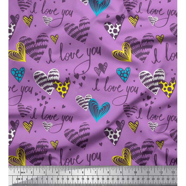 Soimoi Purple Cotton Poplin Fabric Heart & I Love You Text Decor Fabric Printed Yard 56 Inch Wide