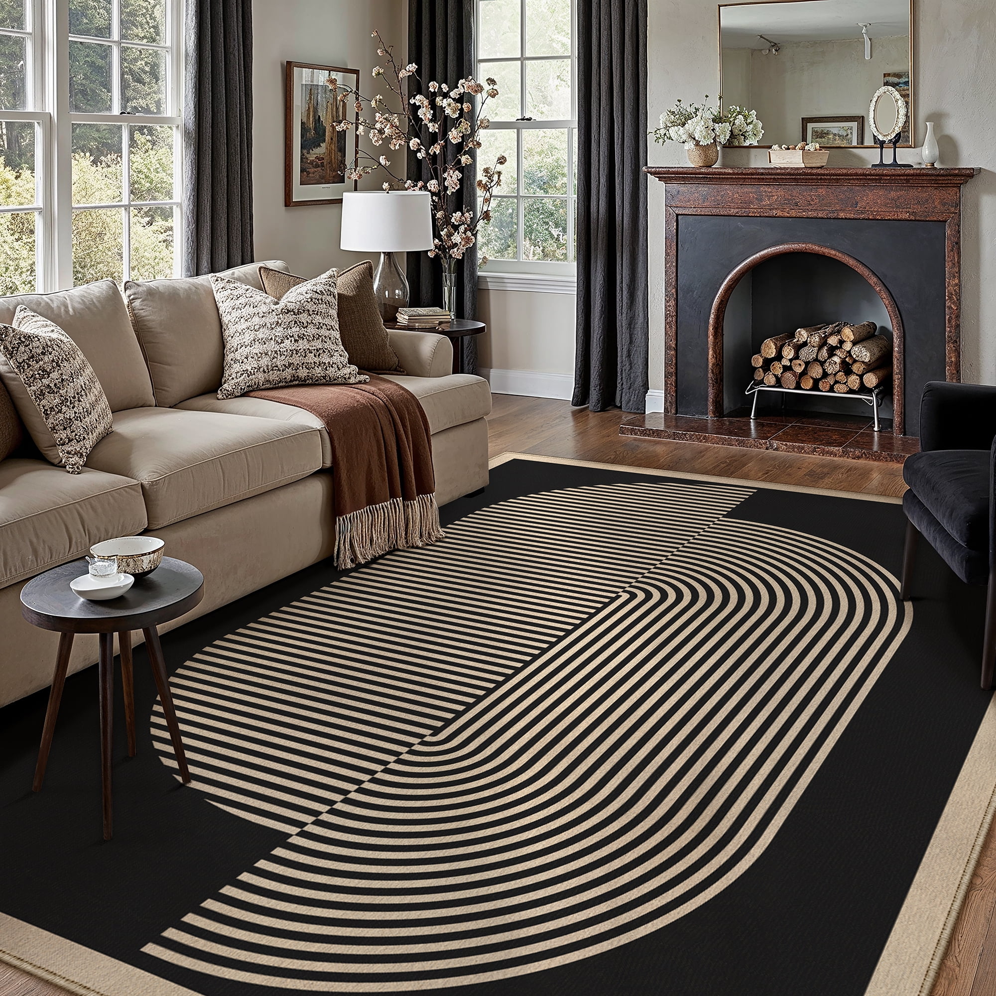 BERTHMEER 8'x10' Large Easy Jute Area Rugs for Living Room, Washable Outdoor Patio Rugs Indoor Outdoor Carpet for Farmhouse Neutral Geometric Non Slip Black Rugs for Bedroom Dining Room