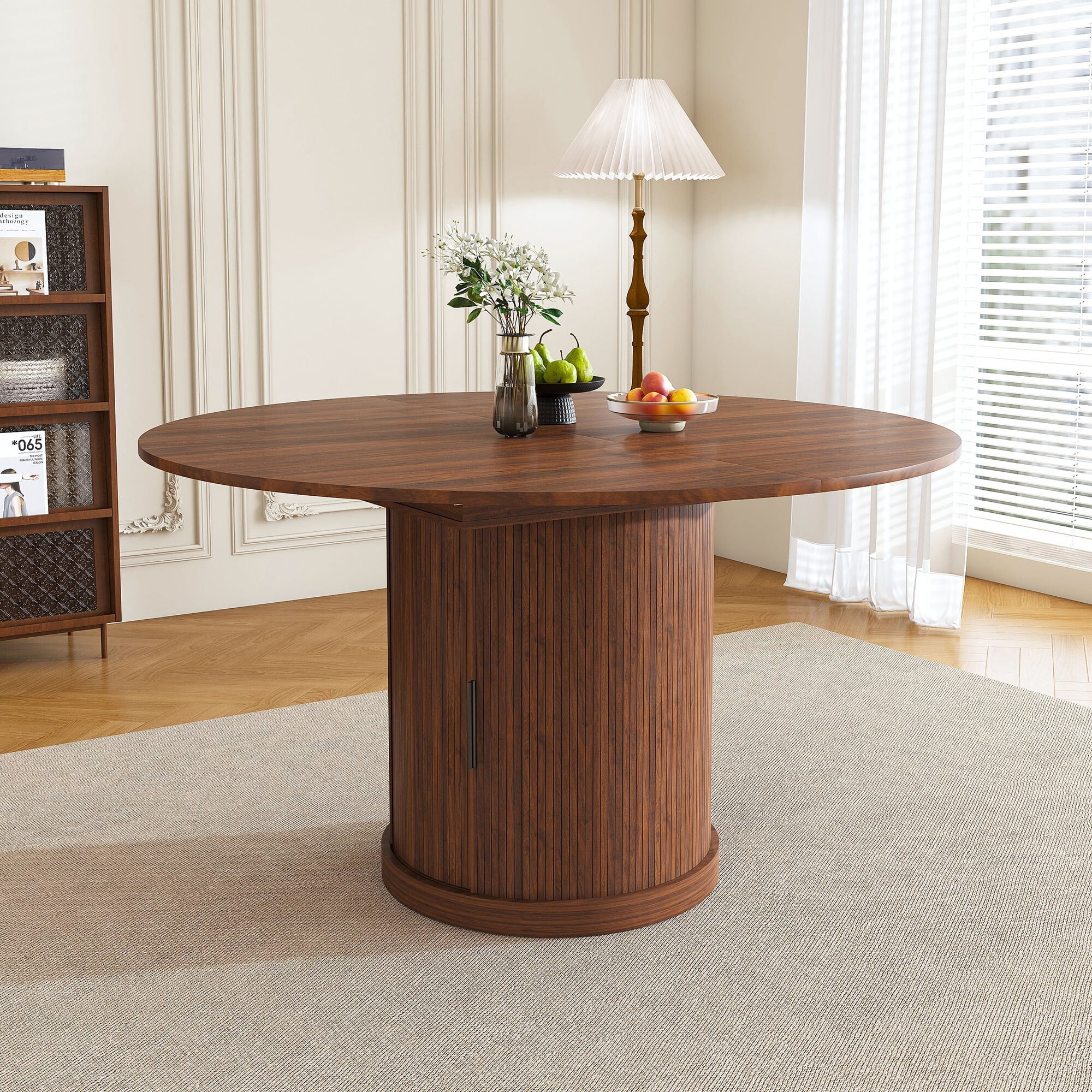 AENKYO 47-59" Extendable Oval Dining Table, Modern Kitchen Table with Storage Pedestal & Drawer, Walnut
