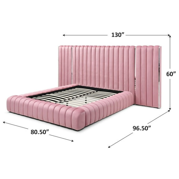 Avalon Velvet Upholstered Queen Platform Bed with Wings in Pink