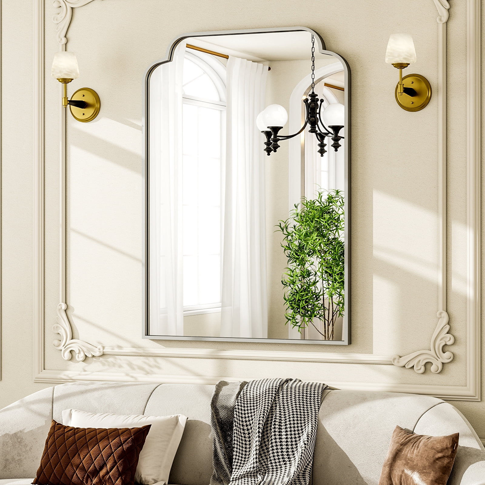 BEAUTYPEAK 30"x40" Arched Bathroom Mirror with Curved Top Modern Decorative Wall Mirror with Deep Frame, Silver