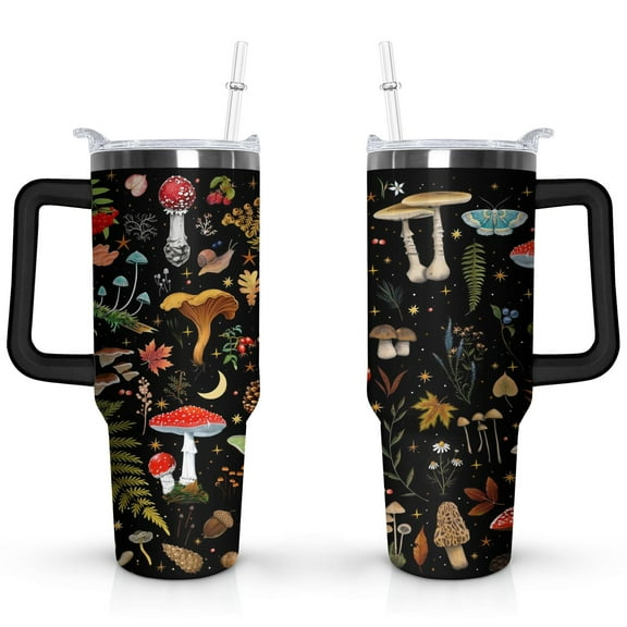 40oz Colorful Botanical Mushroom Stainless Steel Flip Straw Tumbler Spill Proof Travel Cup Double Wall Vacuum Insulated Coffee Mug with Top Handle
