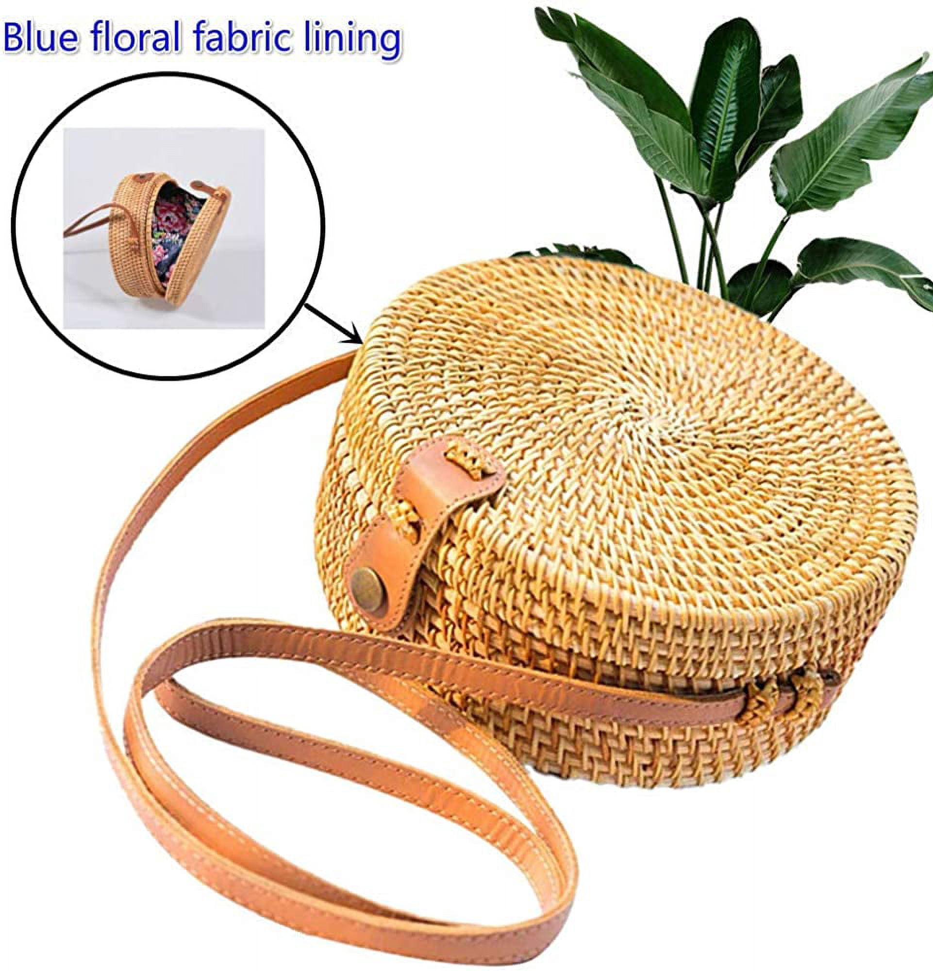 Nvzi -b Handwoven Round Rattan Straw Bag for Women Shoulder Leather Button Straps Natural Chic Handmade Boho Bag Bali Purse