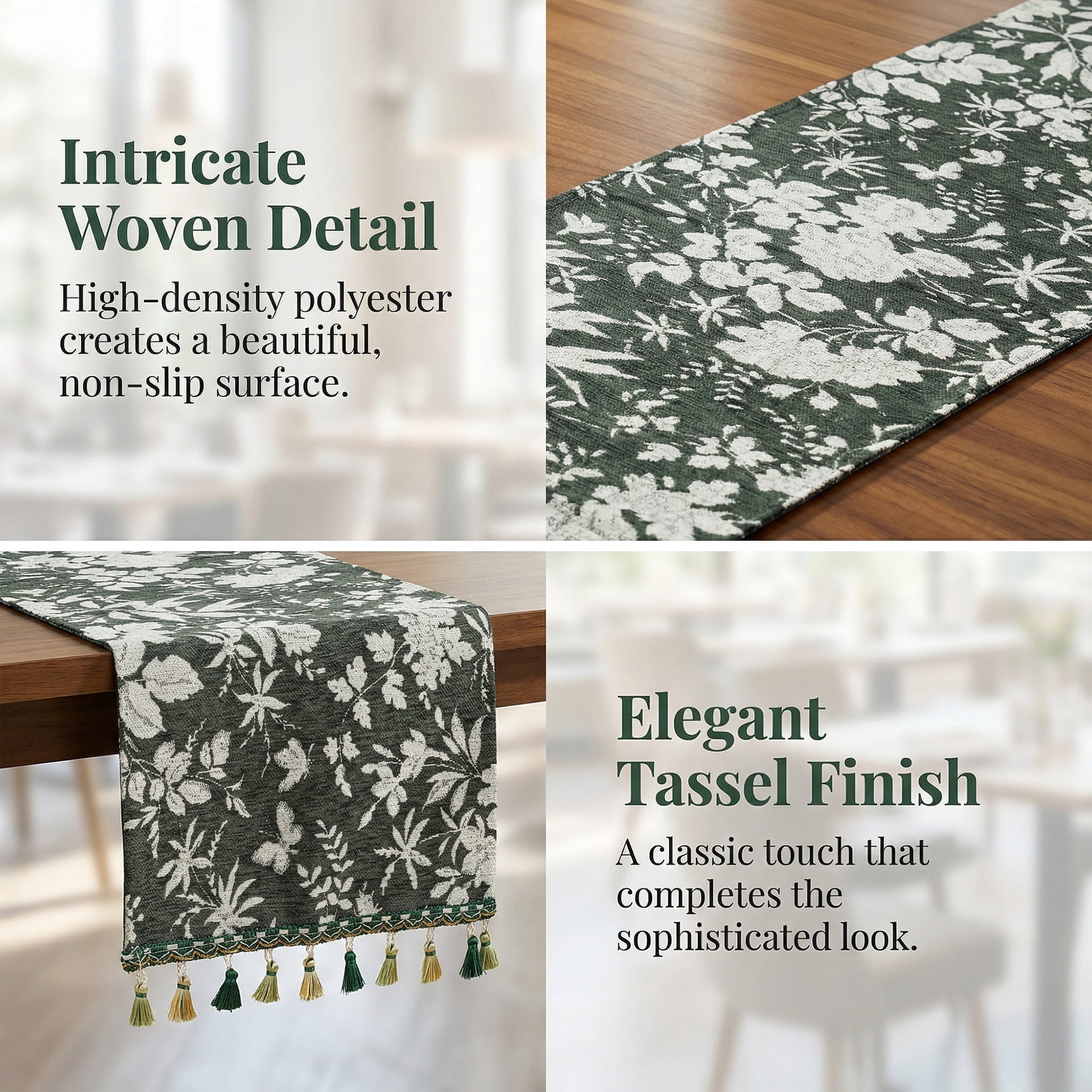 Unique Bargains Floral Table Decoration Kitchen Runner with Tassel Green 13.8x70.9in
