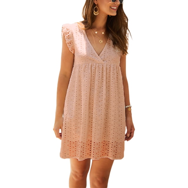 VISgogo Vestido casual para mujer, manga voladora, cuello en V, ahuecado, color sólido, suelto, vestidos acampanados VISgogo moda
