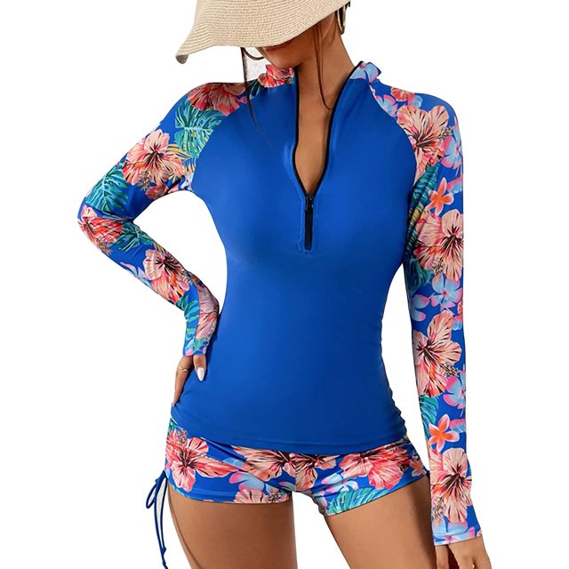 Xishao Traje de Baño de 2 Piezas para Mujer Manga Larga Bañador con Cremallera Estampado Swimwear con Protección Solar para Playa Surf flor azul M flor azul M Xishao ropa