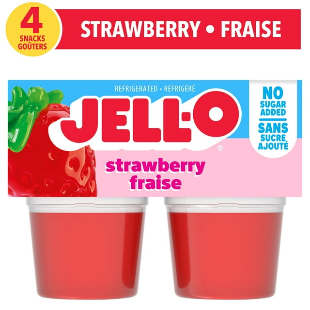 Jell-O Strawberry No Sugar Added Refrigerated Ready-to-Eat Gel Snack Cups, 4 ct Cups