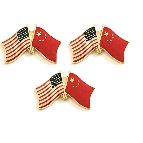 China & US Crossed Double Flag Lapel Pins, Pack of 3
