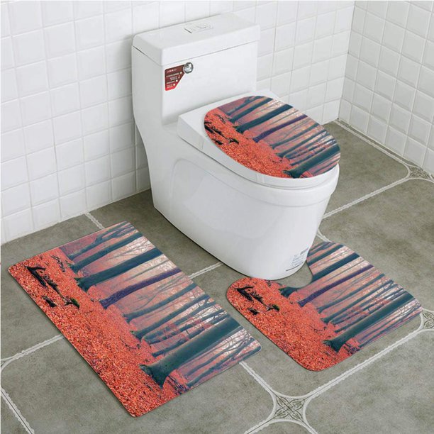ABPHQTO Bosque Bosque de niebla Troncos de árboles Hojas en ricos colores otoñales Paisaje idílico Juego de alfombras de baño de 3 piezas Alfombra de baño Alfombra de contorno y tapa de inodoro