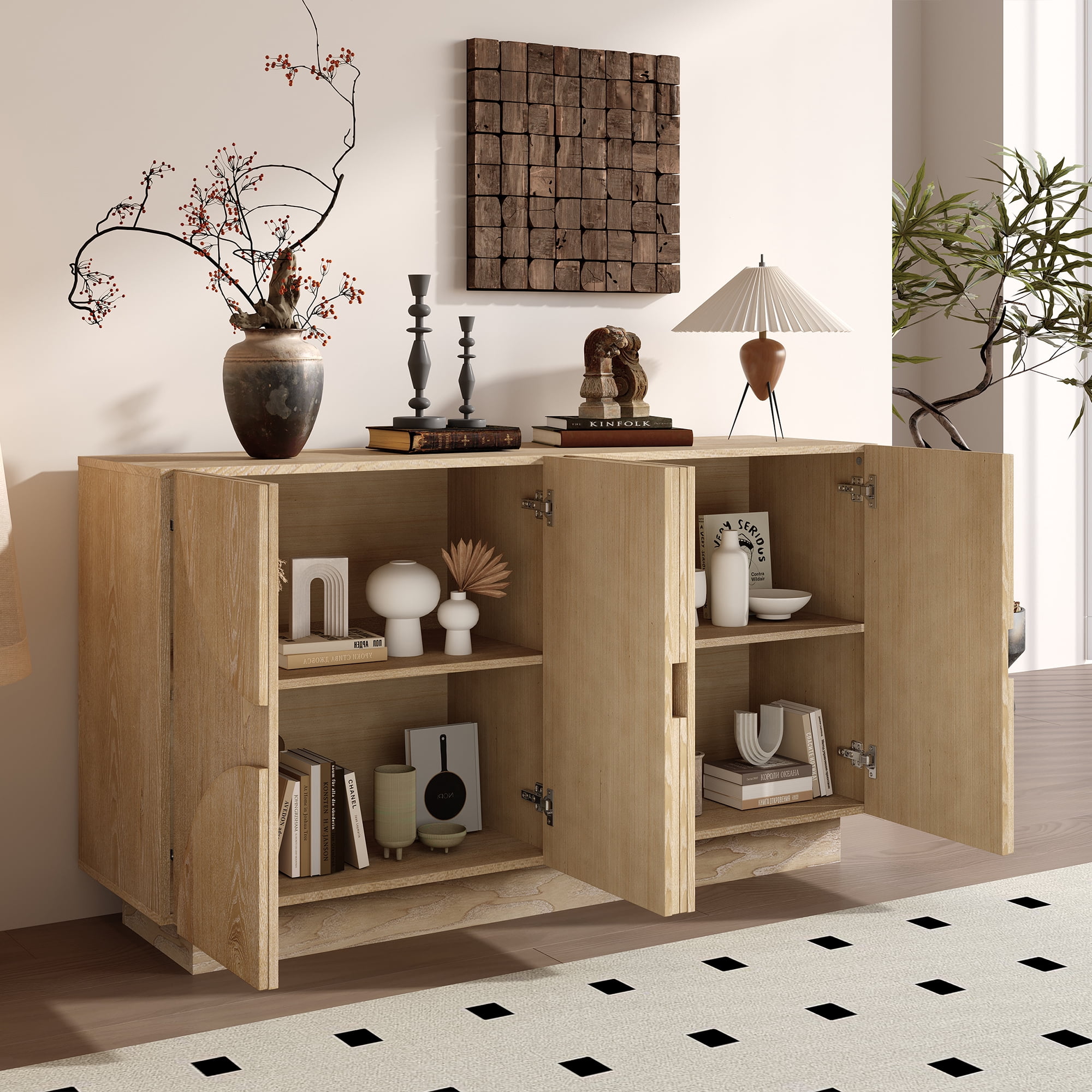 EUROCO 56.3" Large Storage Sideboard,Wood Buffet Cabinet with Adjustable Shelves,4 Doors and Semi-Circular Handles for Kitchen,Living Room,Natural