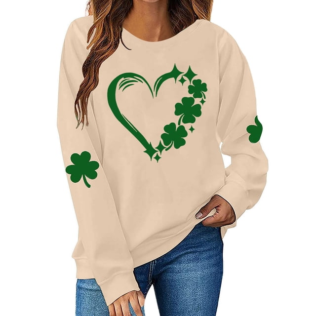 Besolor Chandail en Molleton pour Femmes St Patricks Day Trèfle Imprimé Manches Longues Pull Décontracté Col Rond Graphique
