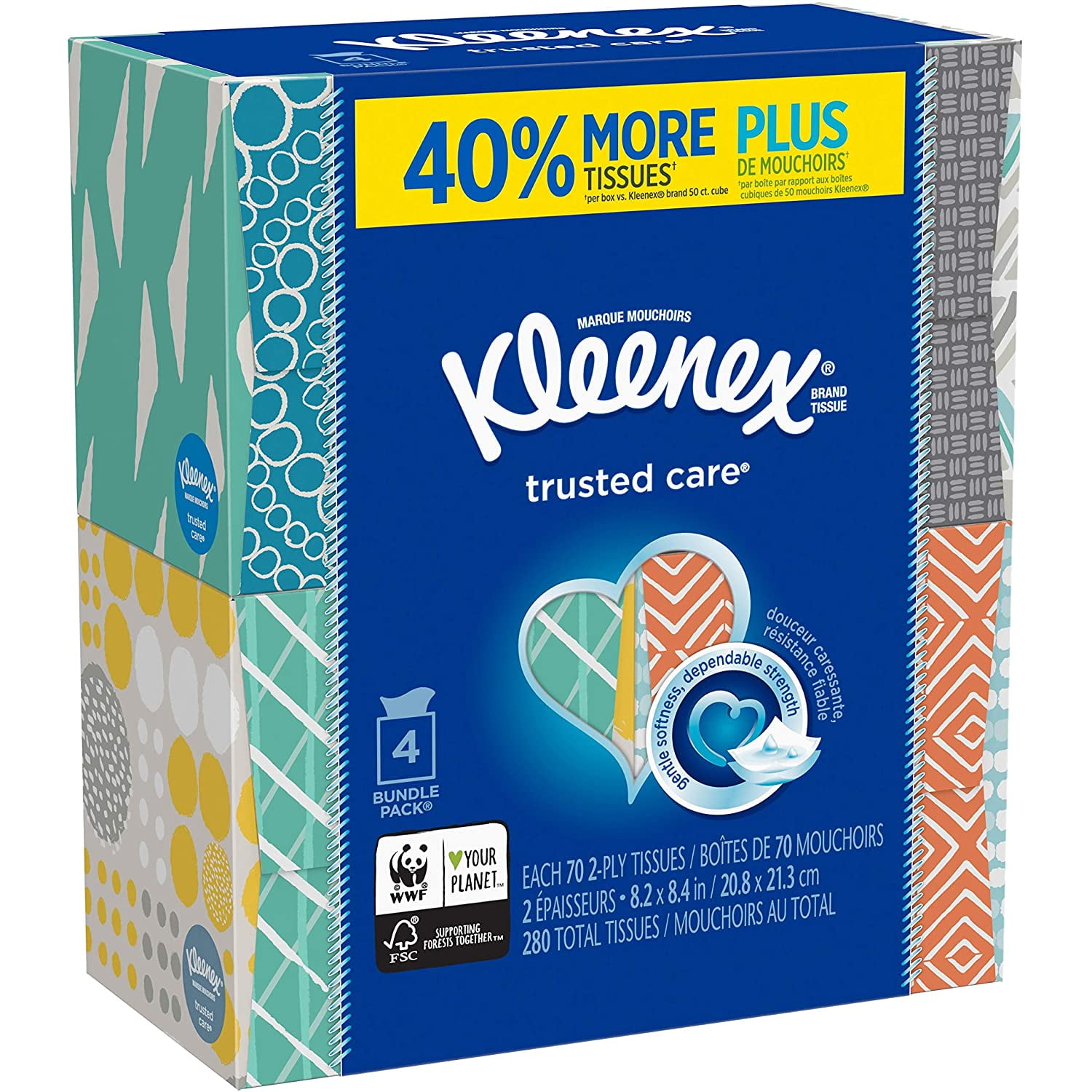 'Kleenex, Trusted Care Tissues, 2 Ply - 8.20'' x 8.40'' - White - Soft, Strong, Absorbent, Durable - 70 Sheets Per Box - 4 Boxes Per Pack'